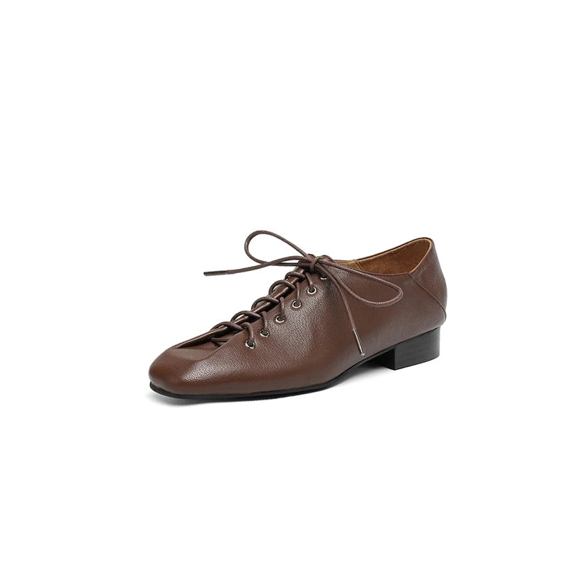 Soft Pumps Women Square Toe Lace Up Young Lady Casual Pumps For Students Low leather heels Heels Shoes