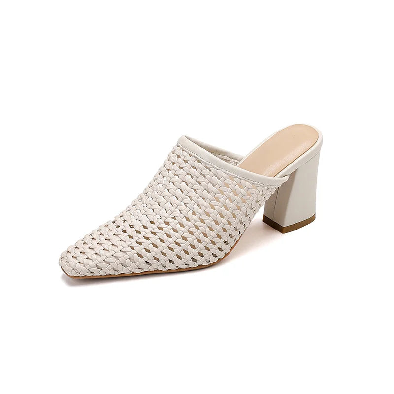 Elegant Braided Mules Women Covered Toe Breathable High Thick Heels Slippers Ladies Office Shoes Party Dating