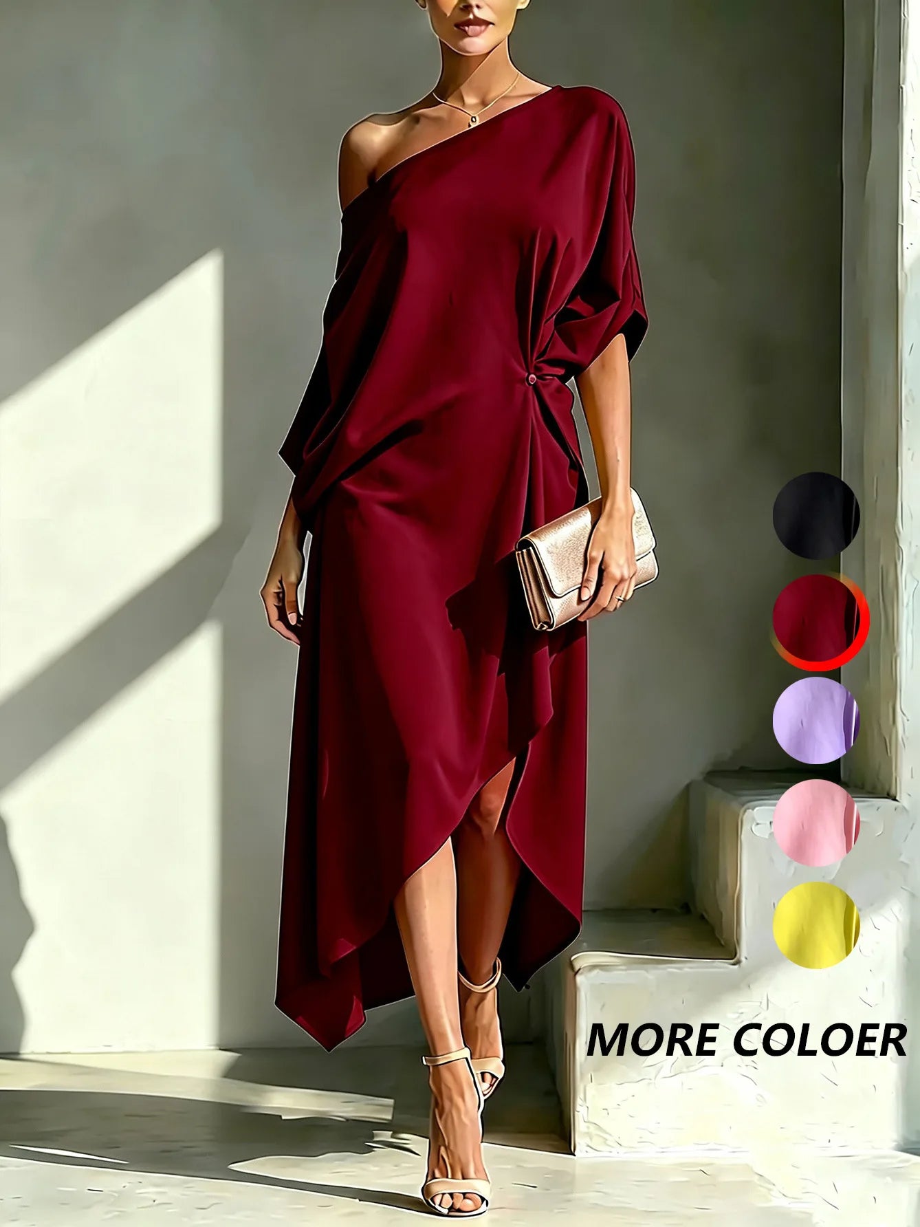Elegant Off Shoulder Half Sleeve Dress Women Summer Batwing Sleeves Irregular Button Design Vintage Casual Holiday Beach Dresses