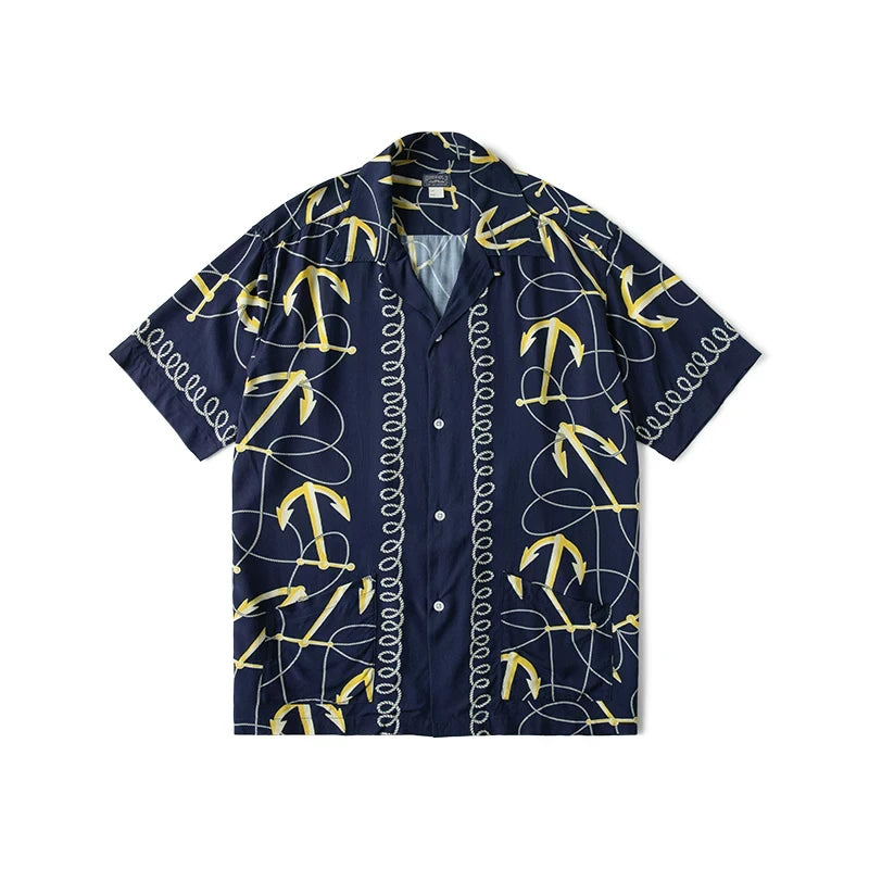 Rugged Bronson Anchor Border Rayon Camp Shirt Old-Fashion Men's Hawaiian Shirt For Beach Vacation
