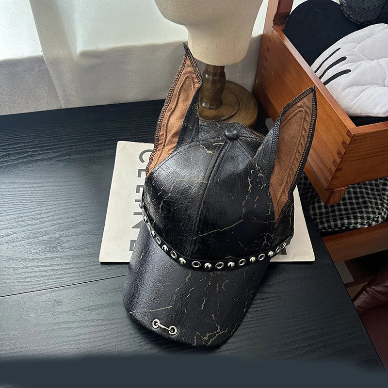 New Niche Punk Leather Rivet Dog Ears Baseball Caps Spring Autumn Men Women Personality Adjustable Trendy Sunshade Hip Hop Hats