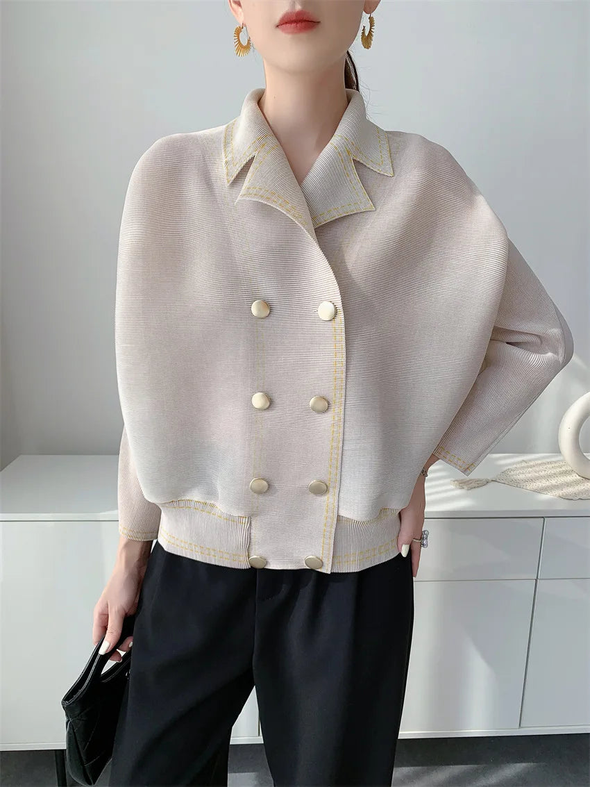 Miyake Women's Early‑Autumn Toothpick‑Texture Pleated Jacket, Relaxed‑Vibe Casual Outerwear, Slim‑Fitting Draping Commuter Top