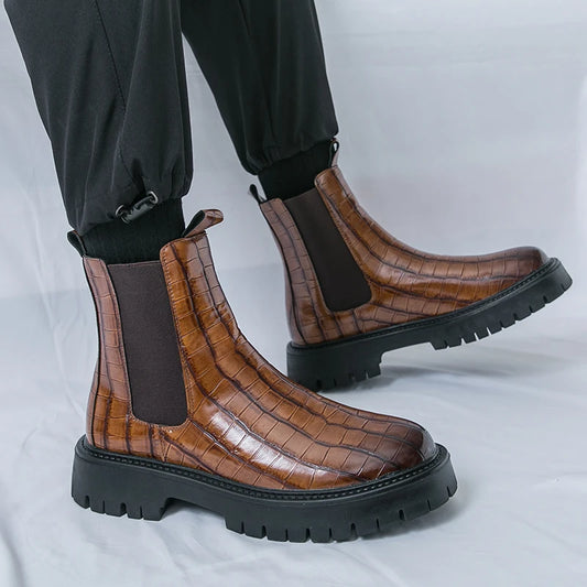 2025 Fashion Brand Men's Comfortable Fit Thick Soled Chimney Boots Autumn New High Top Chelsea Boots Plus Large Workwear Boots