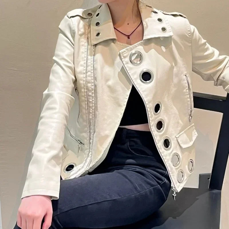 Women Chic Motorcycle Jacket Fall PU Faux Leather Locomotive Bomber Coat Zipper Cardigan Metal Rings Hollow Streetwear Crop Tops