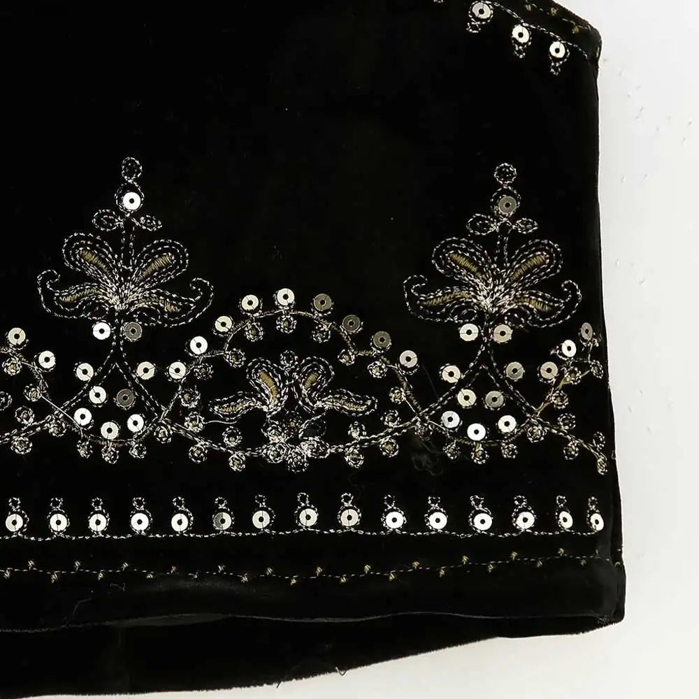 Women Fashion With Sequin Floral Embroidery Crop Waistcoat Vintage O Neck Sleeveless Female Outerwear Chic Vest Tops