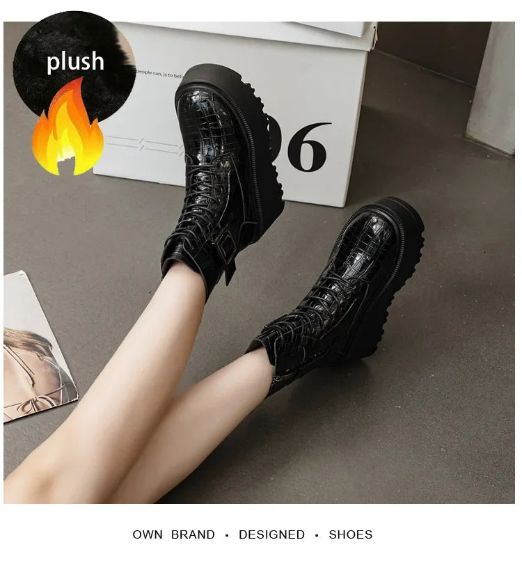 Fujin 8cm New Women Combat Boots Ankle Booties Platform Sneakers Spring Autumn Warm Fur Winter Genuine Leather Women Shoes Boot