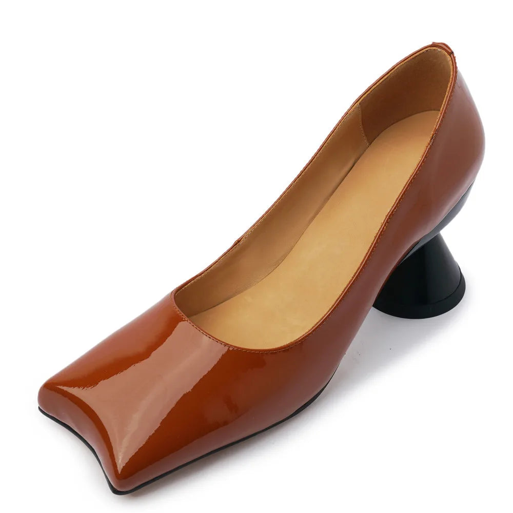 Stylish Patent Sheepskin Leather Pumps Women Shallow Med Strange Heels Party Dating Shoes Female Dress Pumps