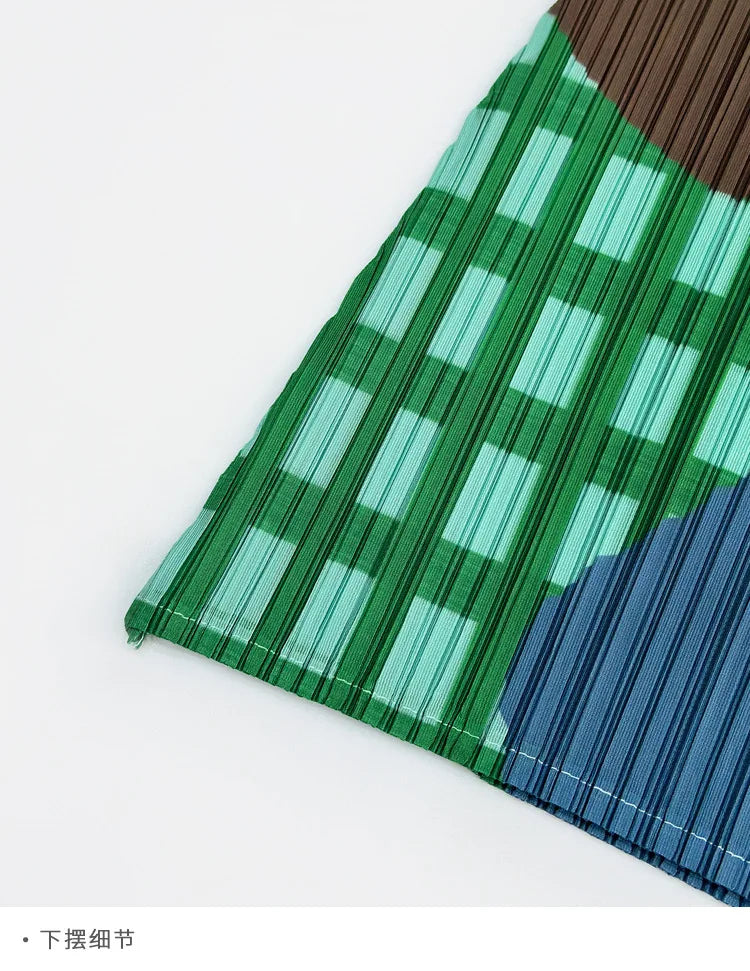Miyake Elegant Green Plaid Color Block Print Pleated Top Mock Neck Half Sleeve Elastic Tee Daily Commute Office