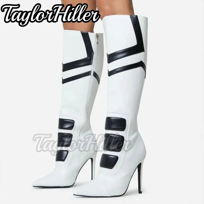 Black White Patchwork Boots Pointy Toe Stiletto High Heels Hollow Out Denim Botas Women Luxury Designer Shoes Sports Style 2026