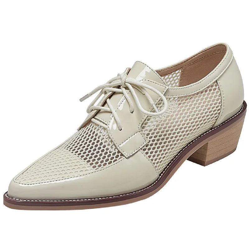 Spring Summer Genuine Leather Mesh Pumps Women Pointed Toe Lace Up Med Thick Heels Breathable Office Ladies Shoes 2025