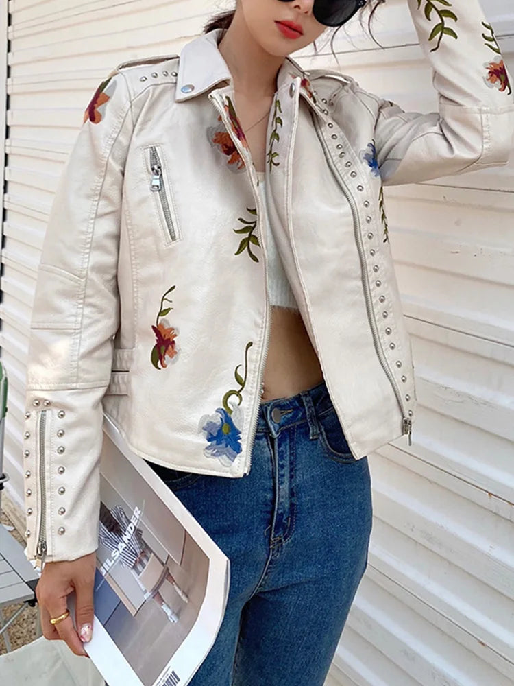 Romanticism & Rebel Women Vintage Floral Print Embroidery Short Black Pu Faux Leather Jacket Spring Autumn Female Zipper Coat Retro Outwear