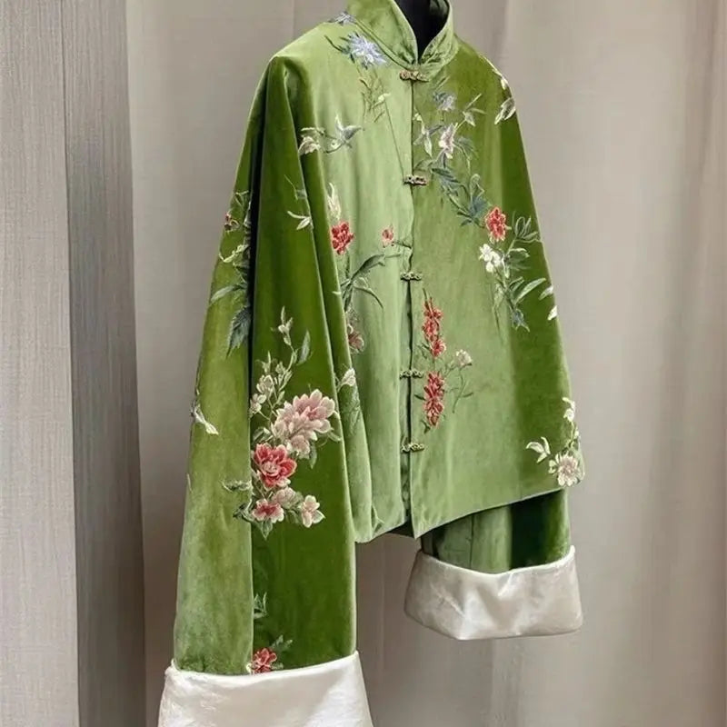 Chinese Style Small Green Velvet Jacket Women 2025 New Spring Autumn Embroidered Stand Collar Buckle Female Coat