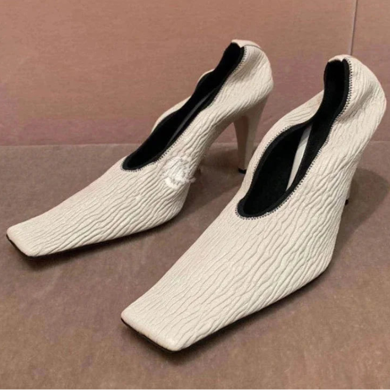 Black Square Head Early Spring New Lady Pumps Zebra-Print Soft Leather Pleated Elastic Witch High Heel Deep Mouth Granny Shoes