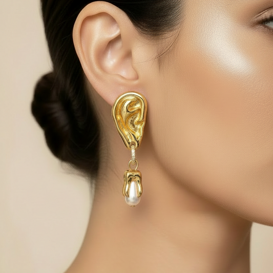 1 Pair Vintage Light Luxury Hollow Ears Pearl Earrings, surreal trendy earrings jewelry