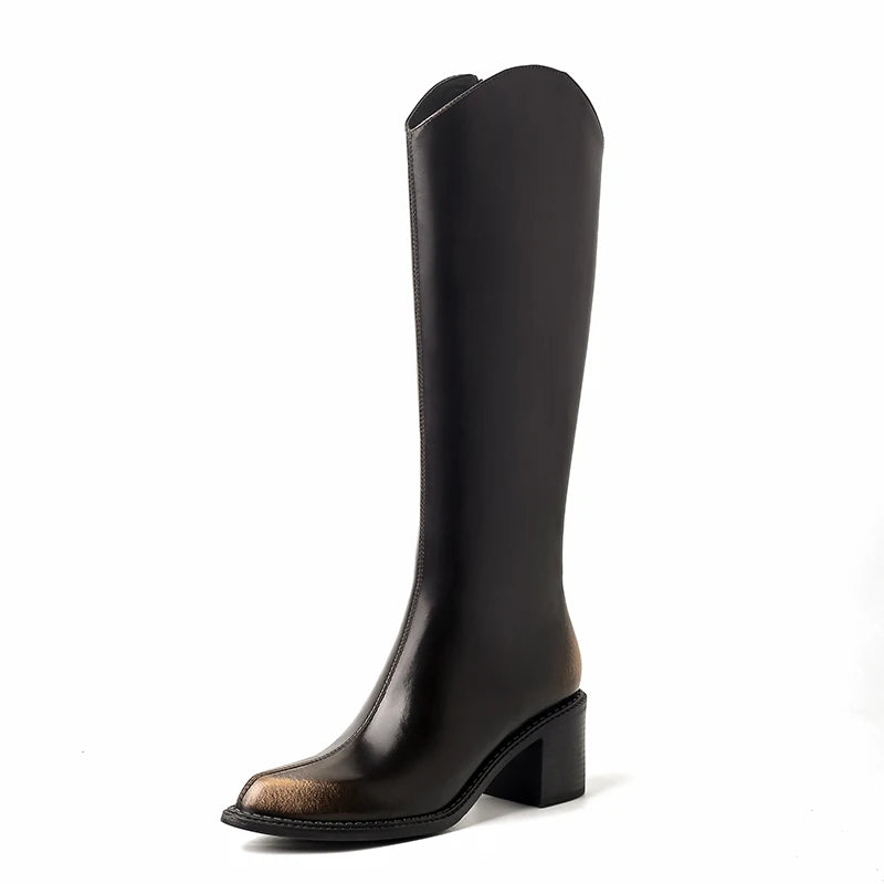 Ods New Women Genuine Leather Pointed Toe Knee High Boots Black White Brown Side Zipper Female Shoes Thick Heel Plus Size 42