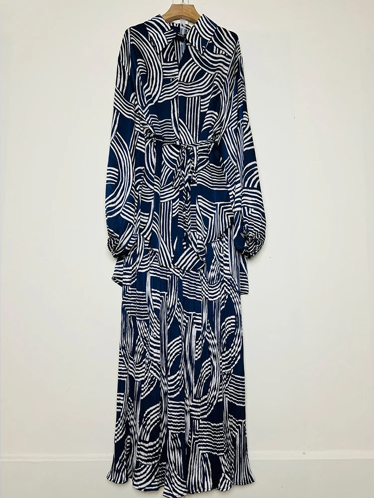 Spring Women's Retro Geometric Printed Collar Hoodie Loose Long Shirt Two Piece Set+Wide Leg Pants Fashion Set