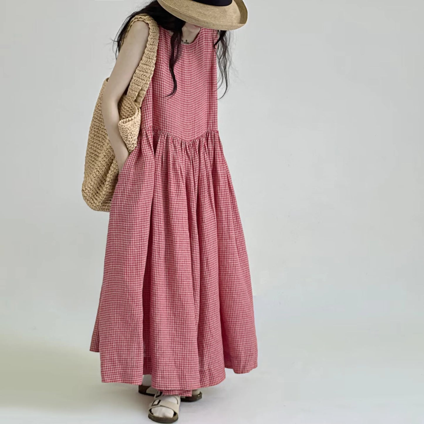 Summer New Women's Cotton Lin Loose Casual Dr High Waist A-Line Skirt Svel Vest Dr Cheered Pattern plus Size