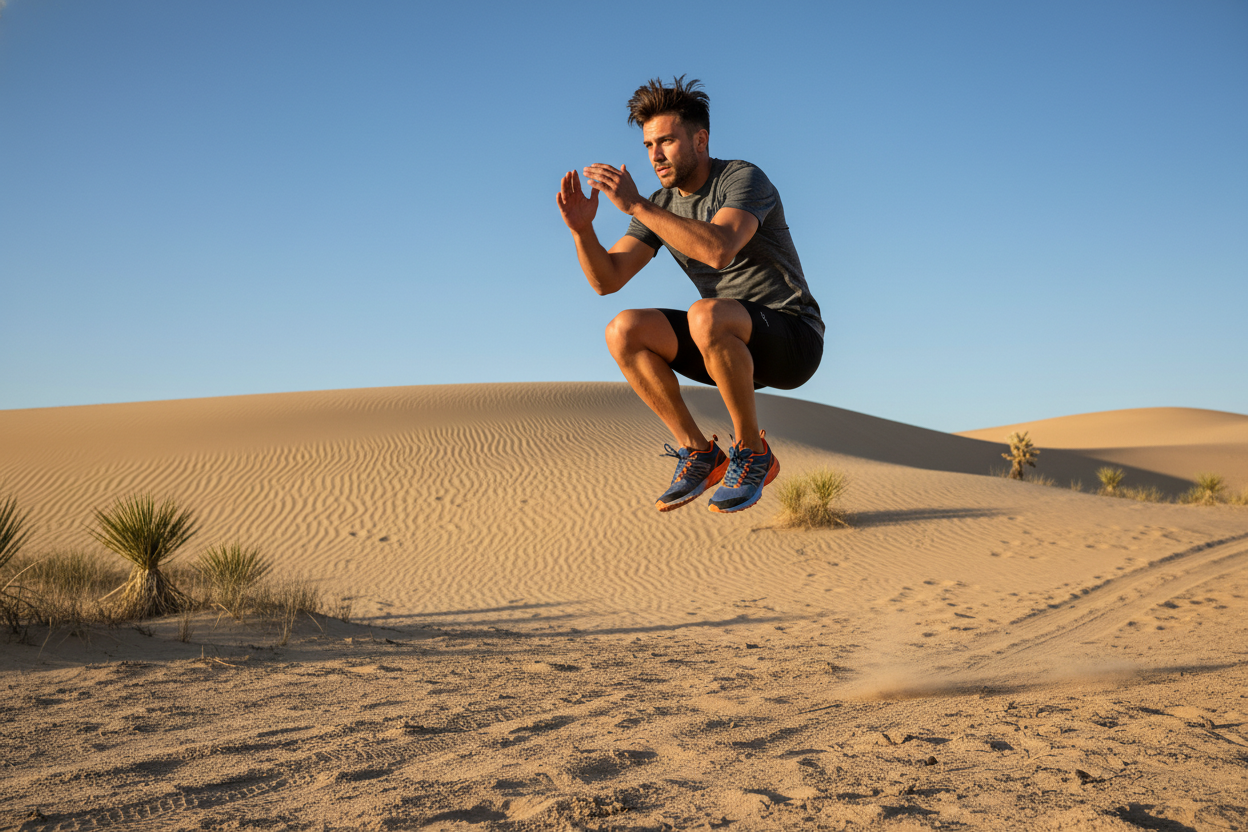 beautiful male athlete model wearing this shoes making exercise in the desert,