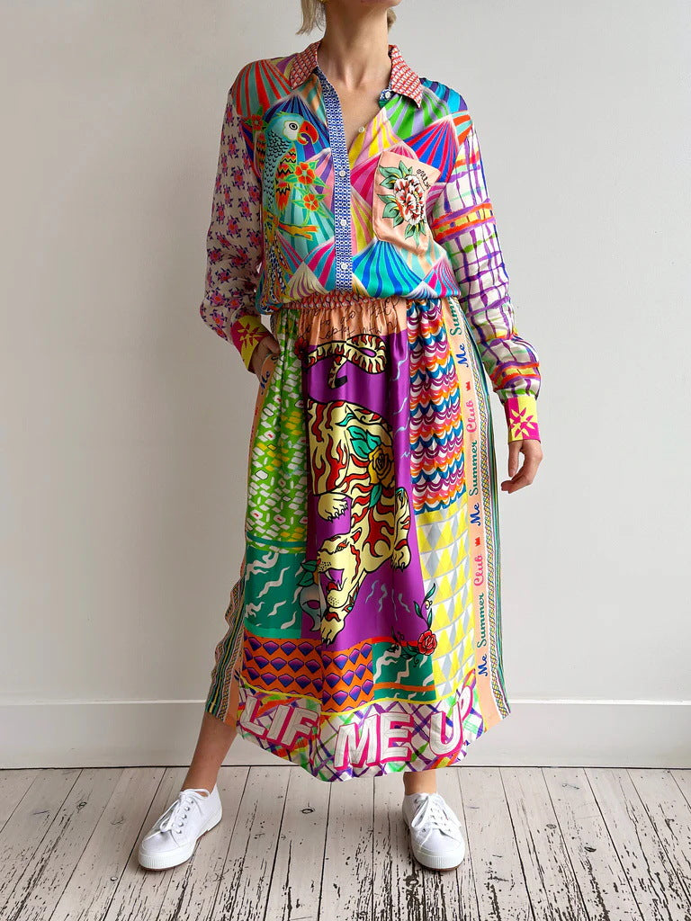Casual Satin Graffiti Printed Long-sleeved Shirt Skirt Two-piece Set