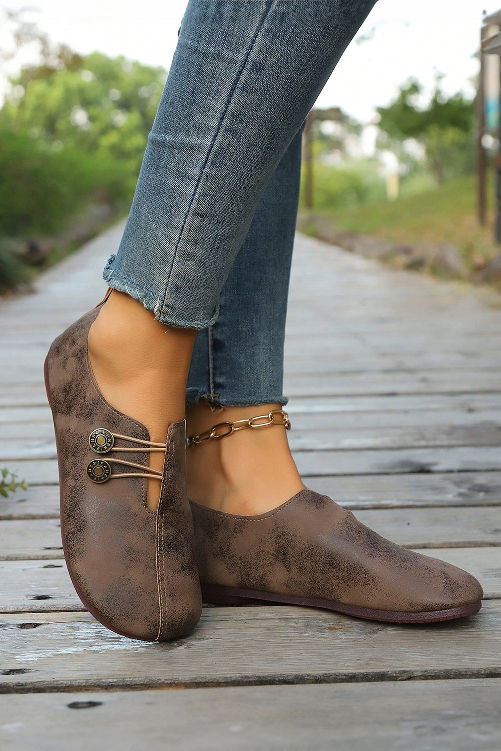 Cool Coffee Button Detail Vintage Faux Leather Loafer Shoes