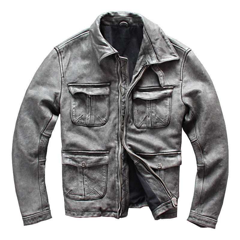 Cool Men's Business Shirt Pocket Gray Motorcycle Clothing Leather Jacket Coat