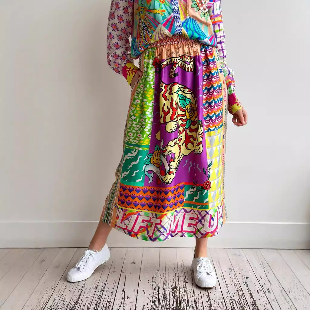 Casual Satin Graffiti Printed Long-sleeved Shirt Skirt Two-piece Set
