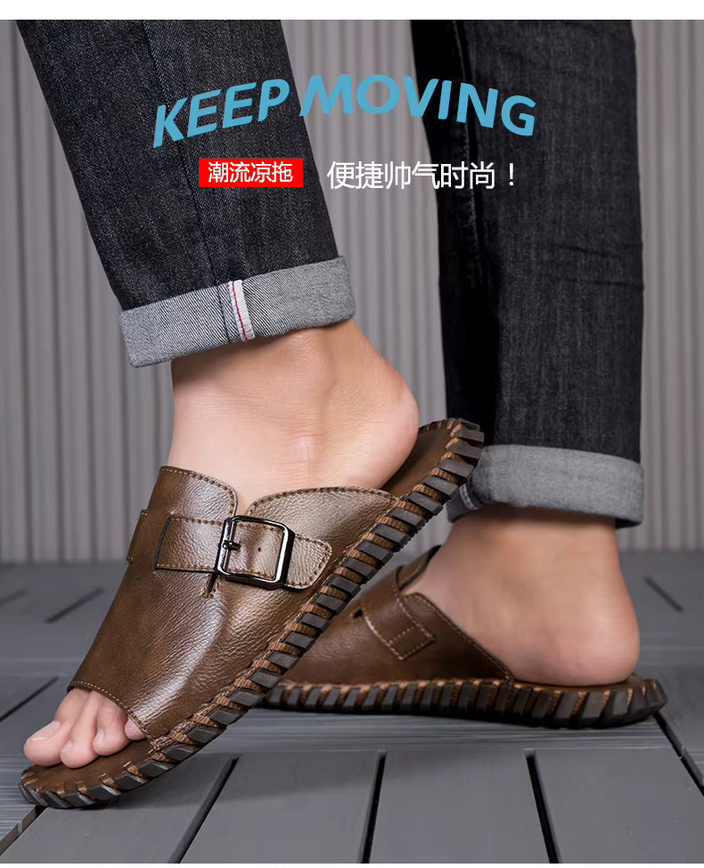 Hand Stitched Men Casual Slide Slippers Full Grain Cow Leather Upper Non Slip Rubber Outsole Daily Home Beach Shoes