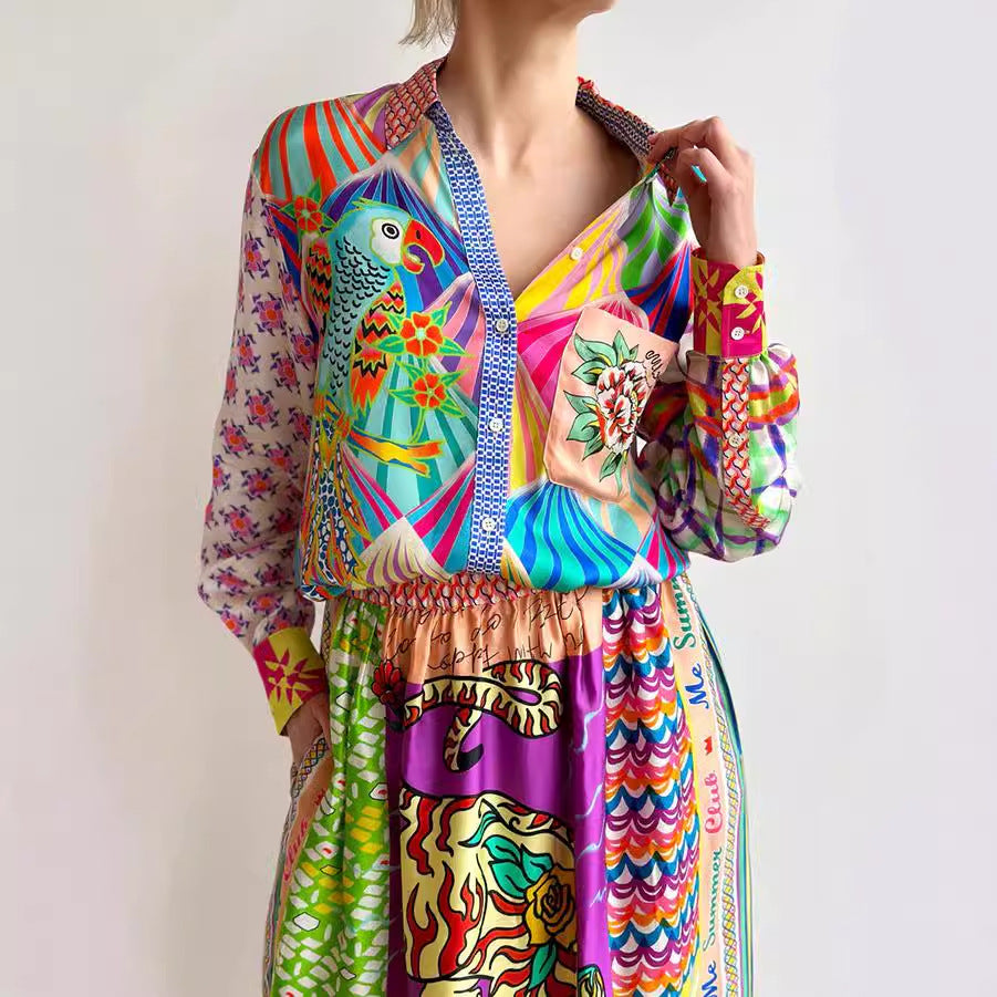 Casual Satin Graffiti Printed Long-sleeved Shirt Skirt Two-piece Set