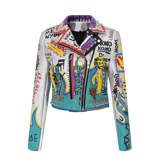 Fashionista Women's Graffiti Printed Contrast Color Motorcycle Suit