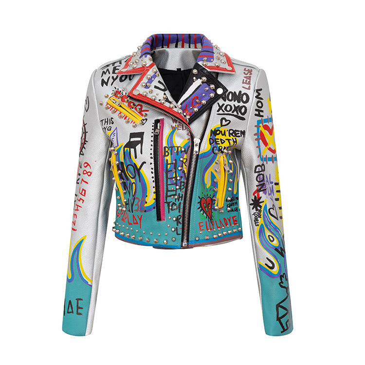 Fashionista Women's Graffiti Printed Contrast Color Motorcycle Suit
