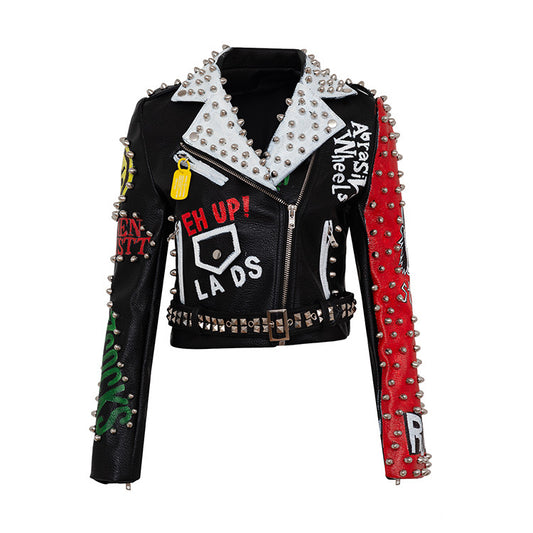 Alternative Graffiti Print Motorcycle Leather Jacket