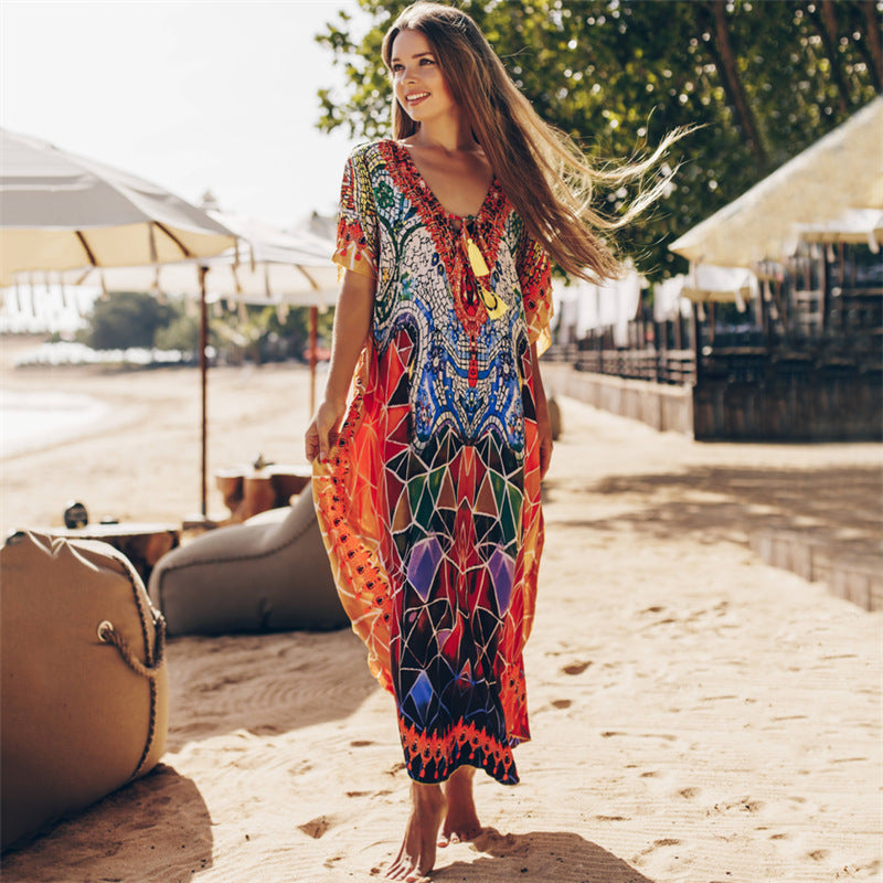 Cotton Beach Kaftan Cover up Print Bathing suit cover up Swimwear Women Summer Dress Kaftan Robe de Plage Saida de Praia Tunics Pareo