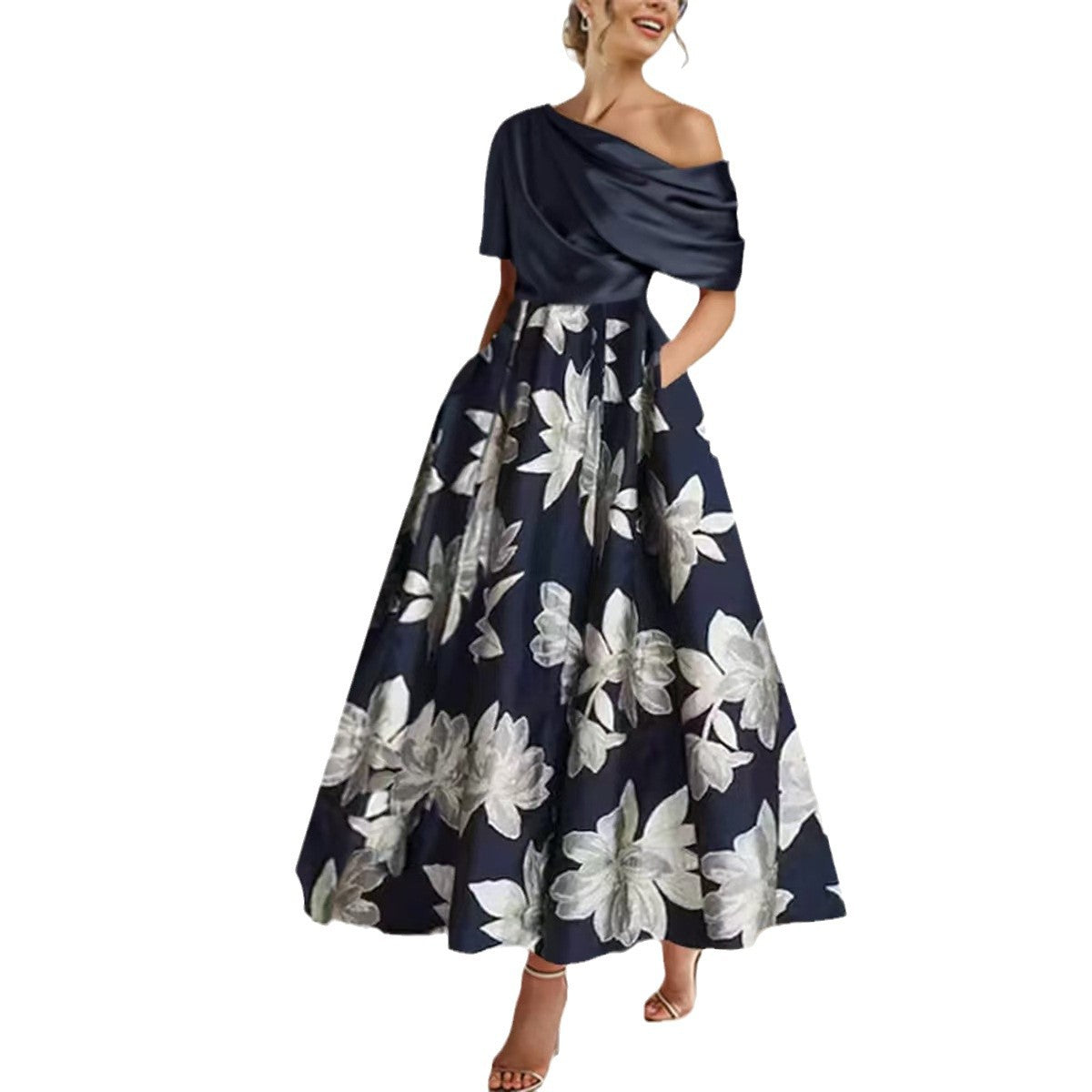 Elegant One-shoulder Printed Slim Fit Large Swing Dress