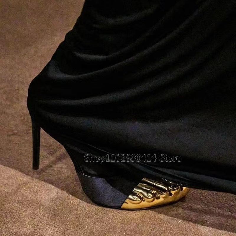 Surreal Gold Five Fingers Design Black Matte Leather Boots Back Zipper Women Shoes Thin High Heel Novel Fashion 2023 Zapatos Para Mujere