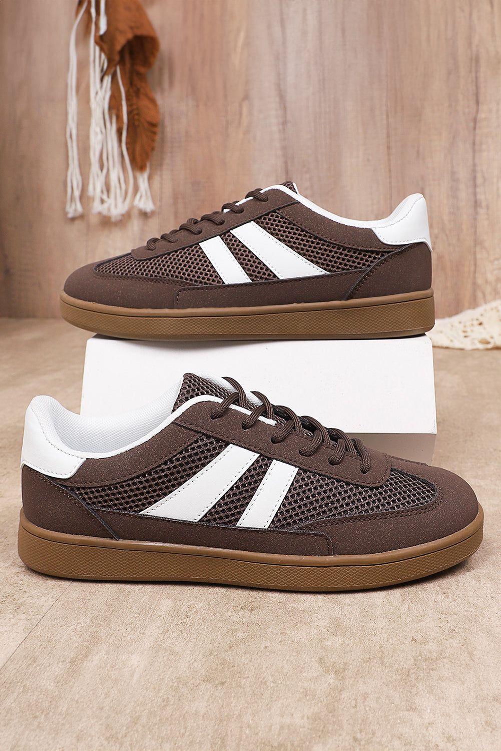 Solstice Coffee Breathable Mesh PU Leather Patchwork Lace-up Sneaker