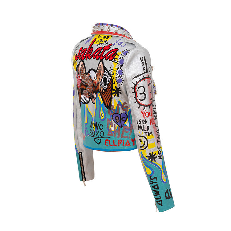 Fashionista Women's Graffiti Printed Contrast Color Motorcycle Suit