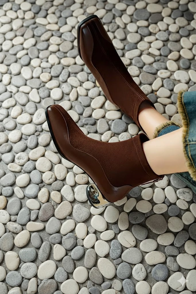 Modern Square Toe Chunky Woman Genuine Leather Ankle Boots Designer Suede Mid innovative Heels boots.