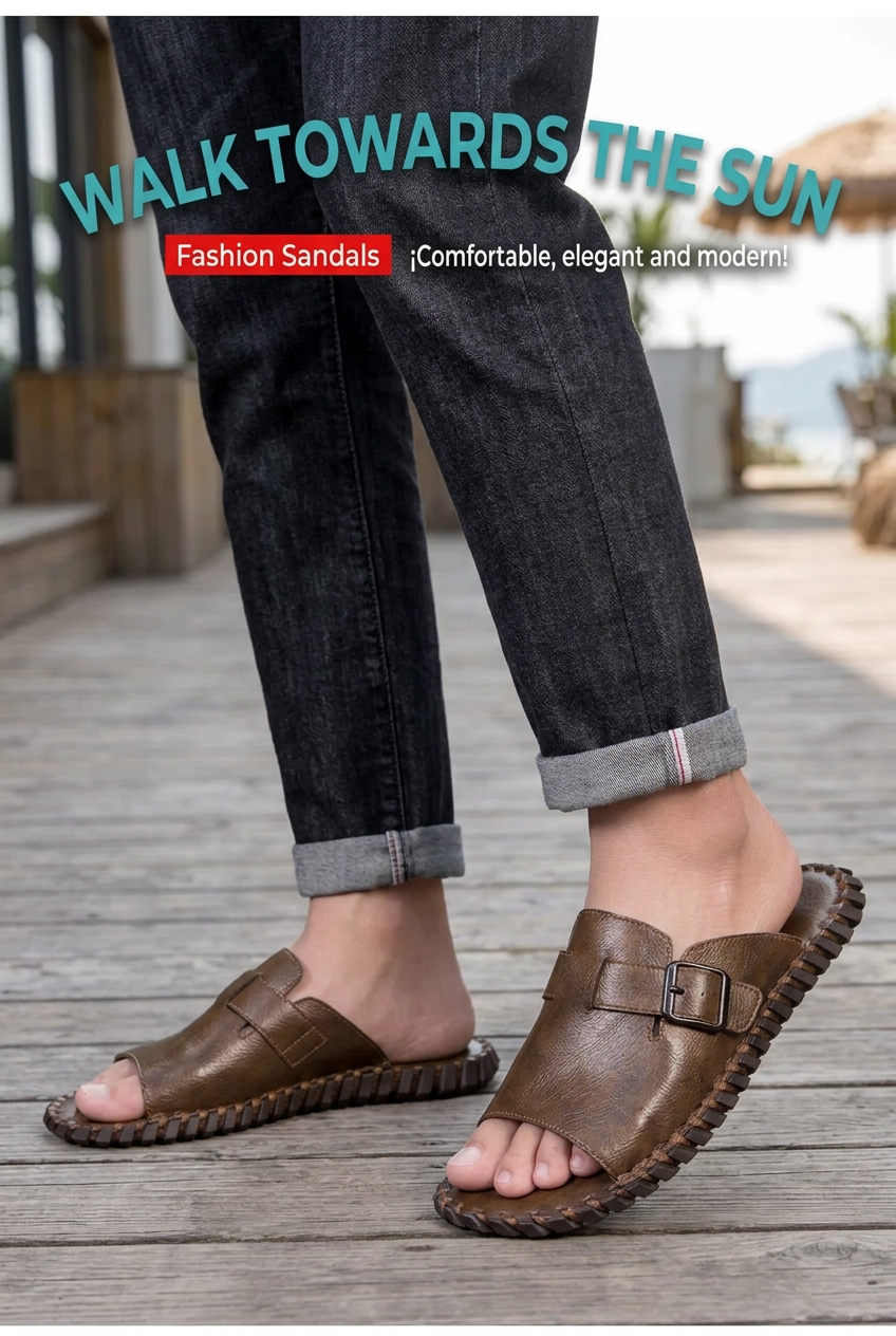 Hand Stitched Men Casual Slide Slippers Full Grain Cow Leather Upper Non Slip Rubber Outsole Daily Home Beach Shoes