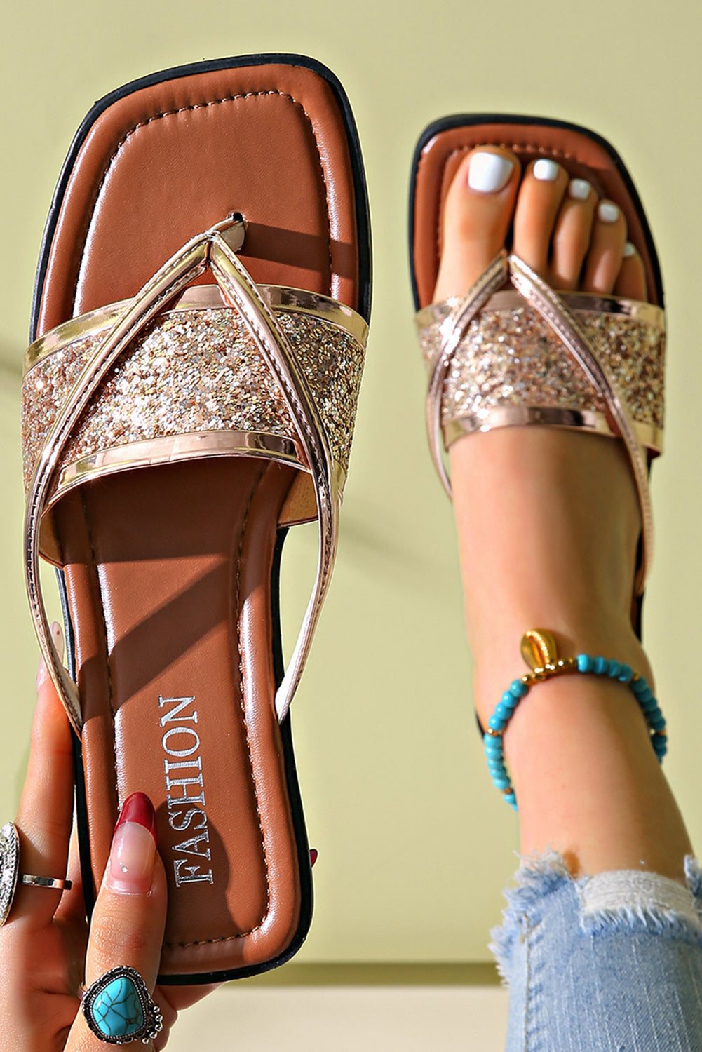 Solstice Gold Glitter Clip Toe Slippers
