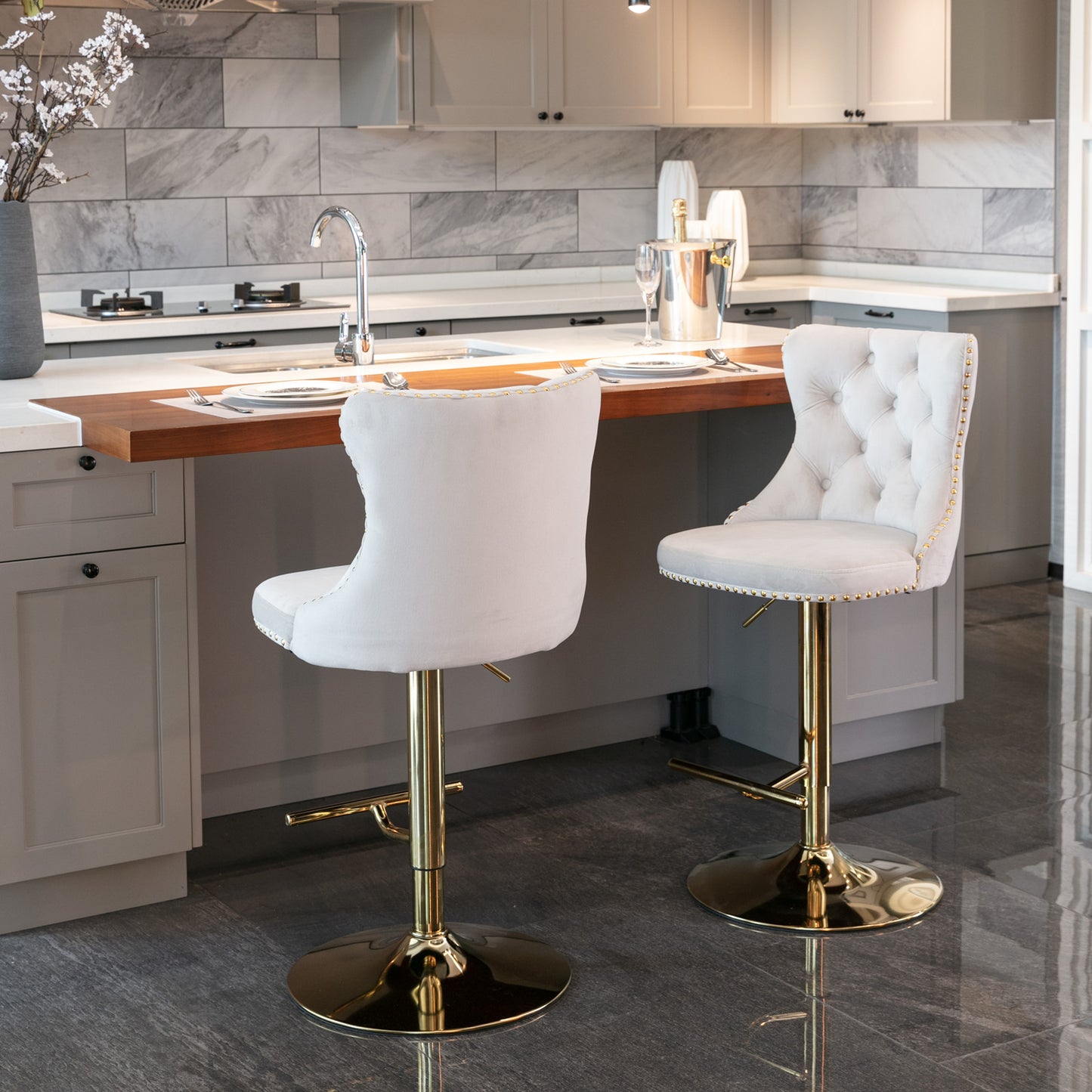 Golden Swivel Velvet Barstools Adjusatble Seat Height From 25-33 Inch