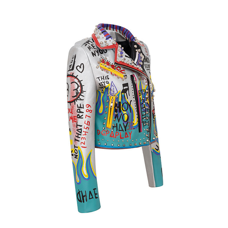 Fashionista Women's Graffiti Printed Contrast Color Motorcycle Suit