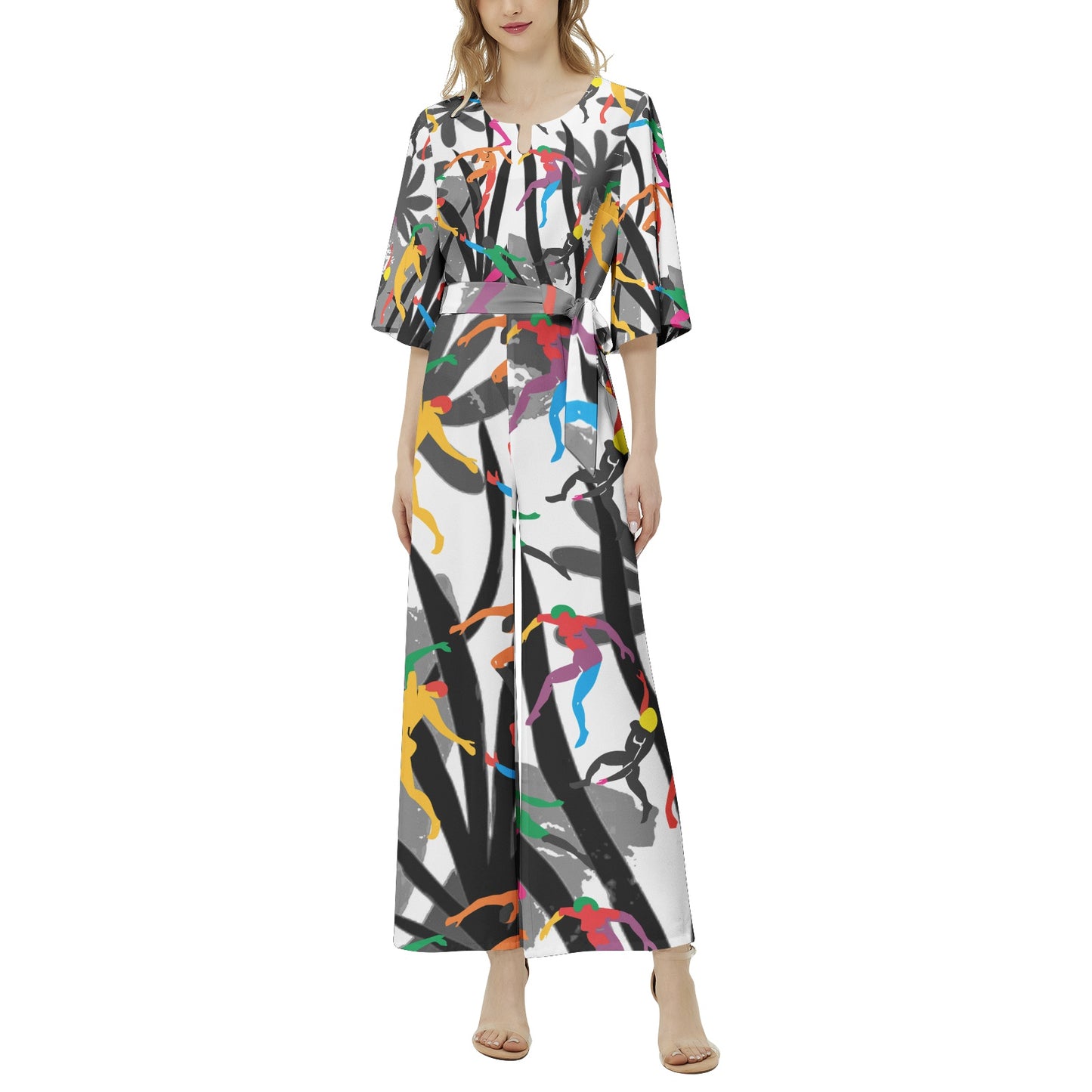 Solstice Matisse dancers jungle Dolman Sleeve Belted Wide Leg Jumpsuit