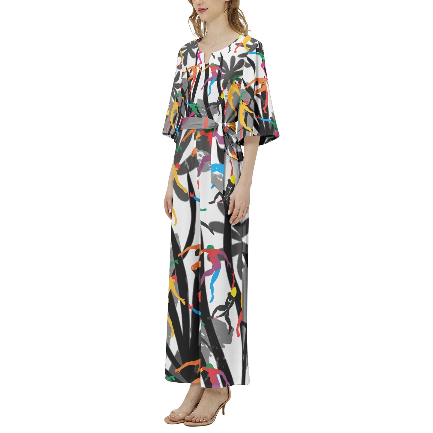 Solstice Matisse dancers jungle Dolman Sleeve Belted Wide Leg Jumpsuit