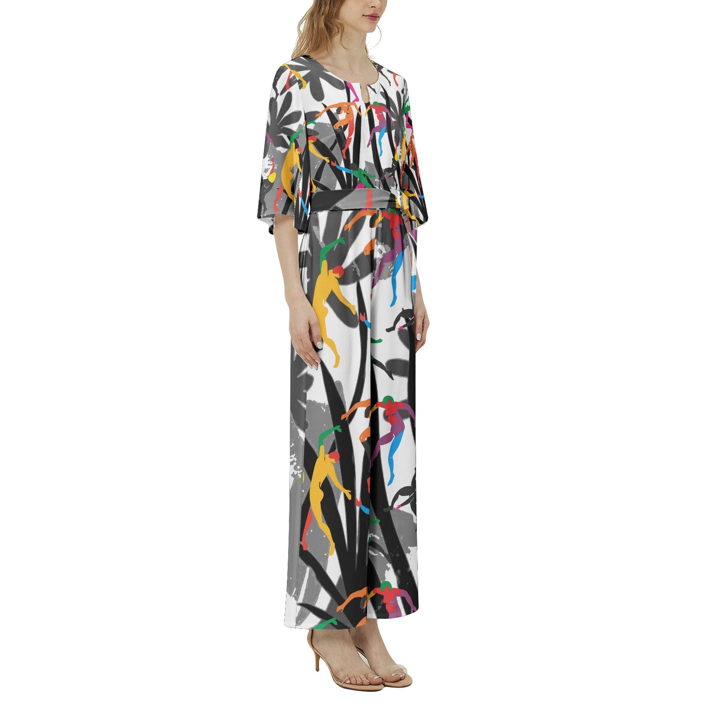 Solstice Matisse dancers jungle Dolman Sleeve Belted Wide Leg Jumpsuit