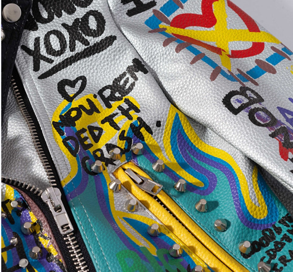 Fashionista Women's Graffiti Printed Contrast Color Motorcycle Suit