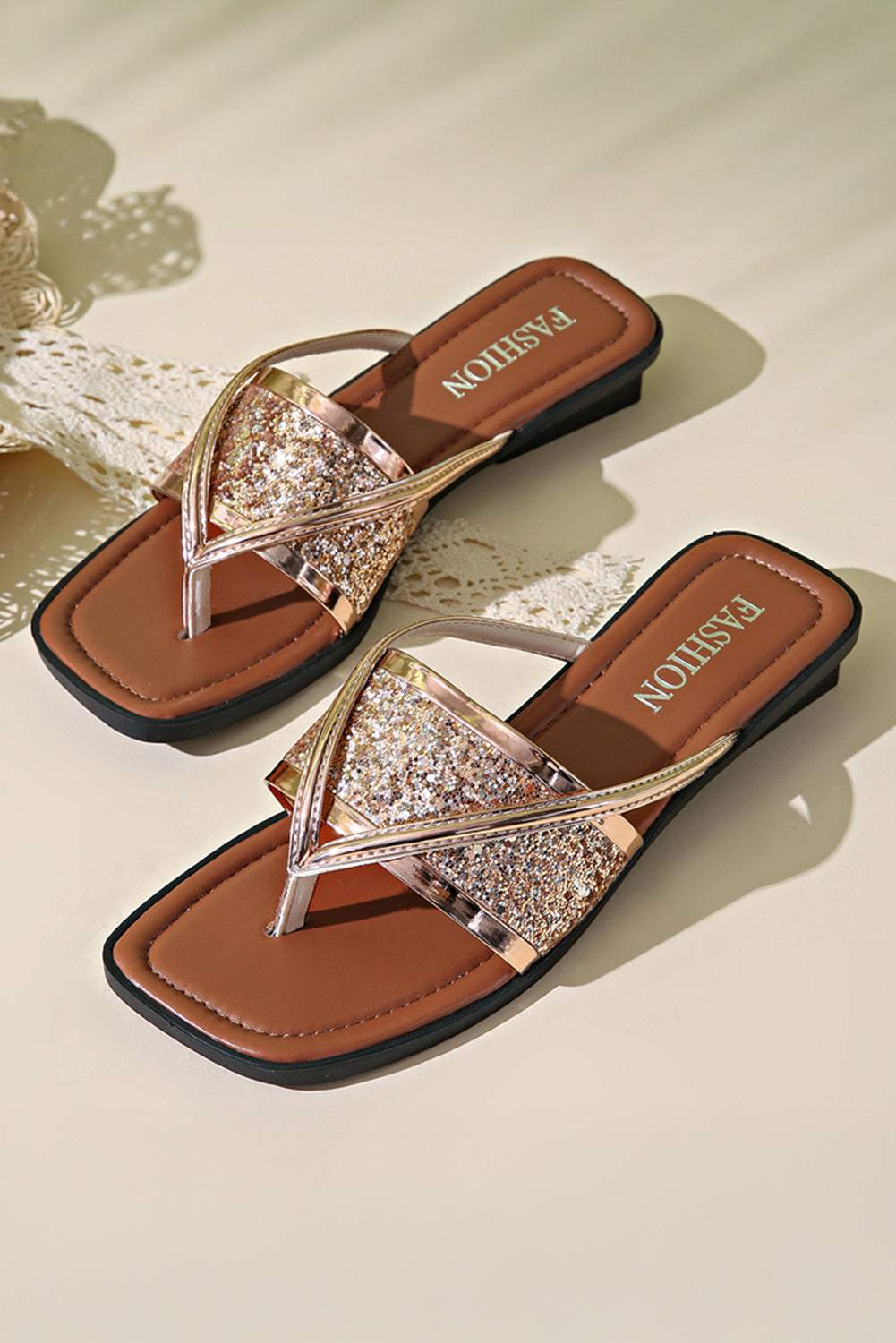 Solstice Gold Glitter Clip Toe Slippers