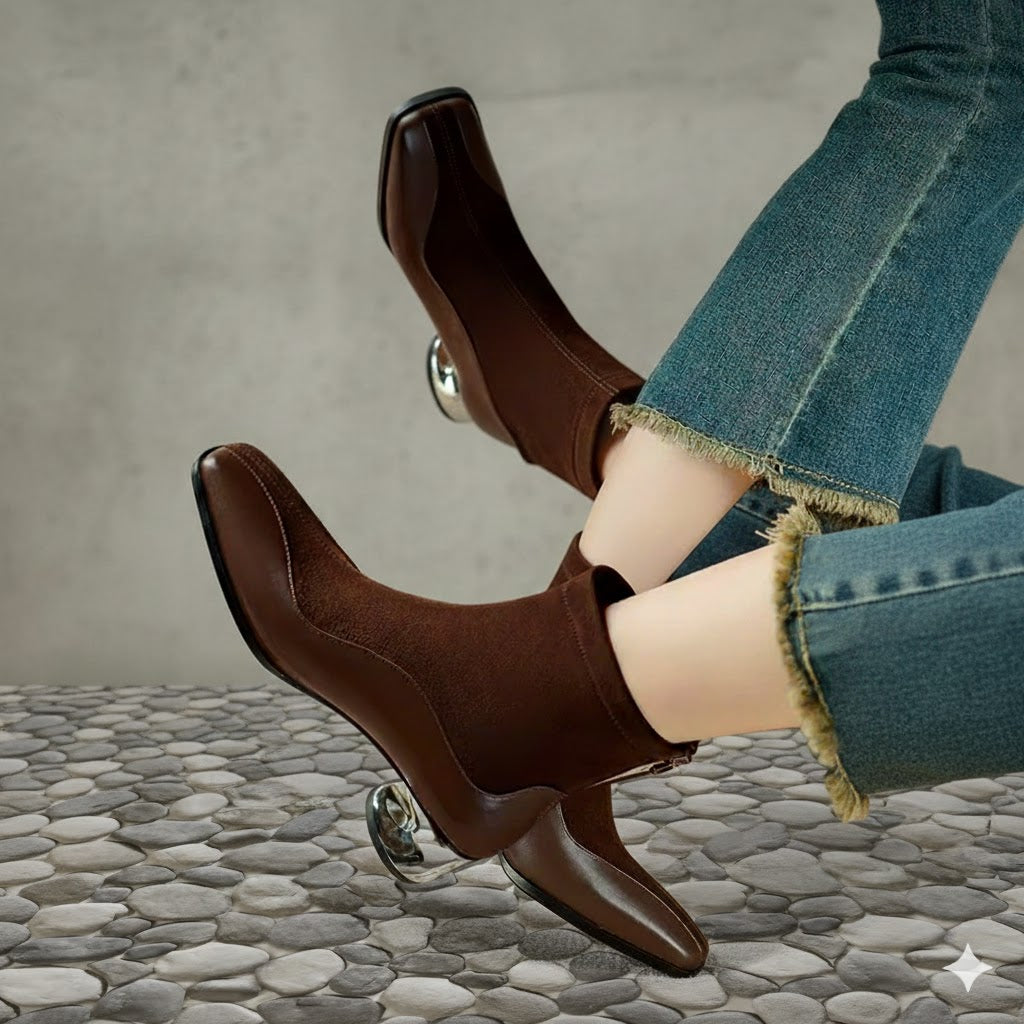 Modern Square Toe Chunky Woman Genuine Leather Ankle Boots Designer Suede Mid innovative Heels boots.