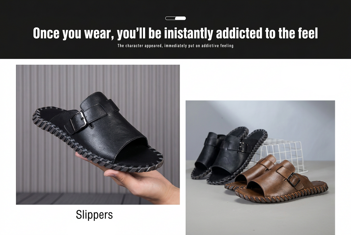 Hand Stitched Men Casual Slide Slippers Full Grain Cow Leather Upper Non Slip Rubber Outsole Daily Home Beach Shoes