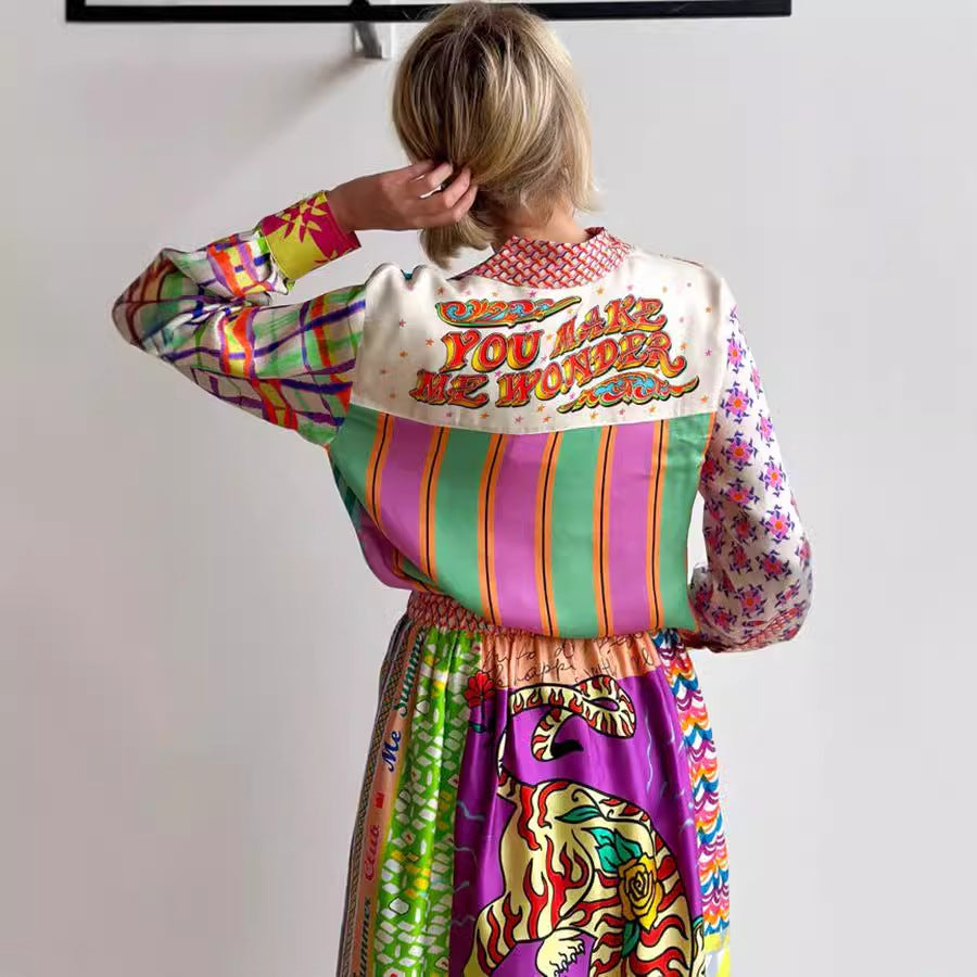 Casual Satin Graffiti Printed Long-sleeved Shirt Skirt Two-piece Set