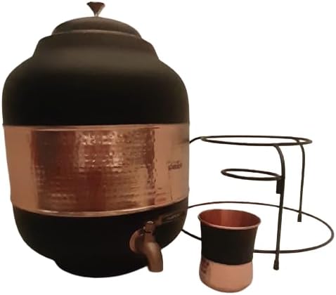 4 Gallon Pure Copper Water Dispenser with Brass Faucet, Countertop Hammered Copper Storage Tank Pot with Glass Stand & Matching Cup for Home, Kitchen & Decor, Matte Black